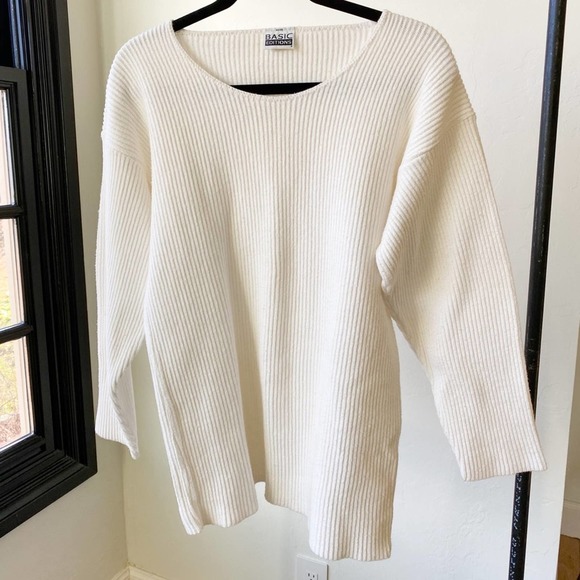 BASIC EDITIONS Women's Vintage White Cotton Ribbed Crew Neck Tunic Sweater sz S - Picture 1 of 9